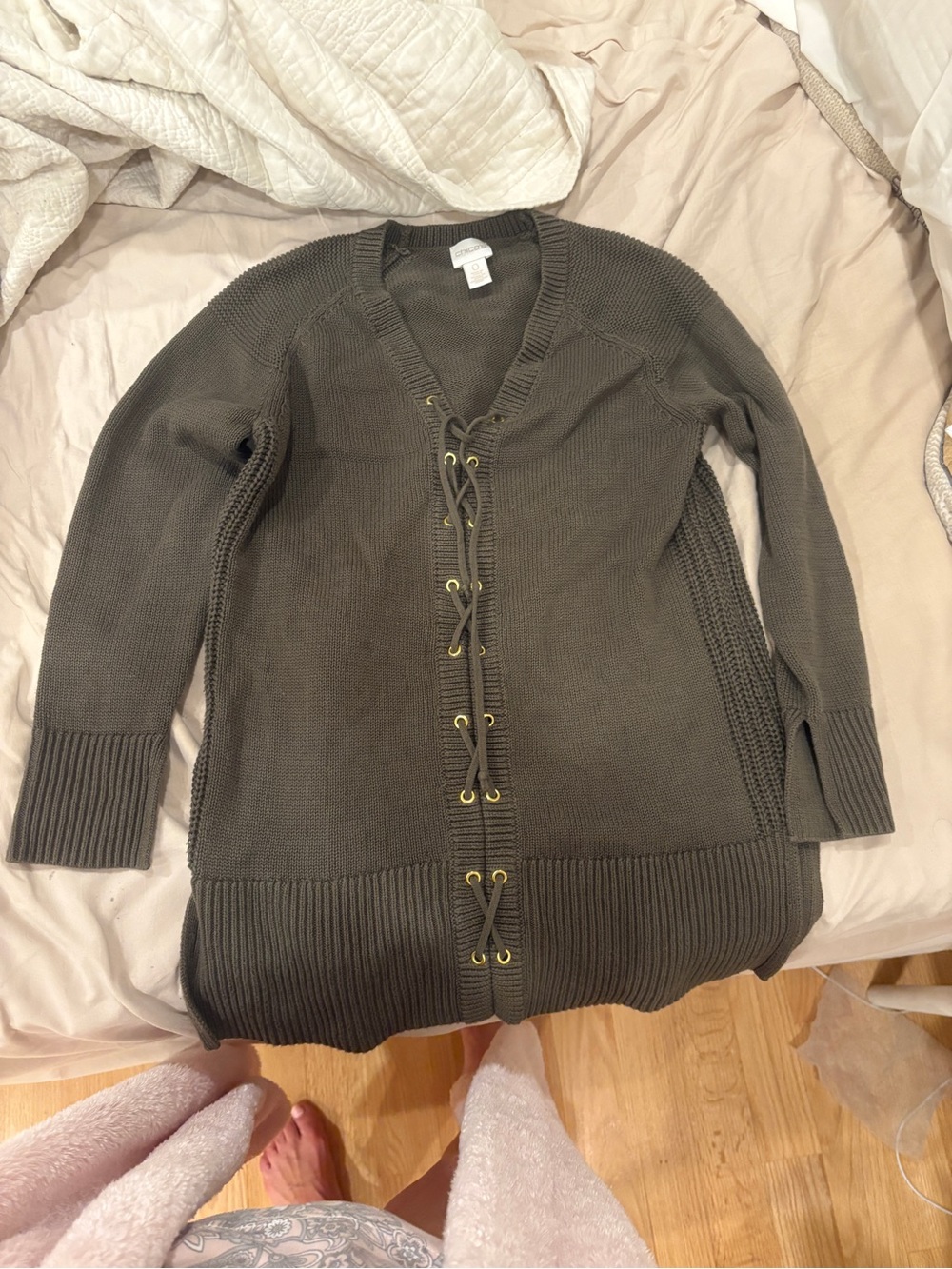 Chico's Olive Lace-Up V-Neck Cardigan Sweater